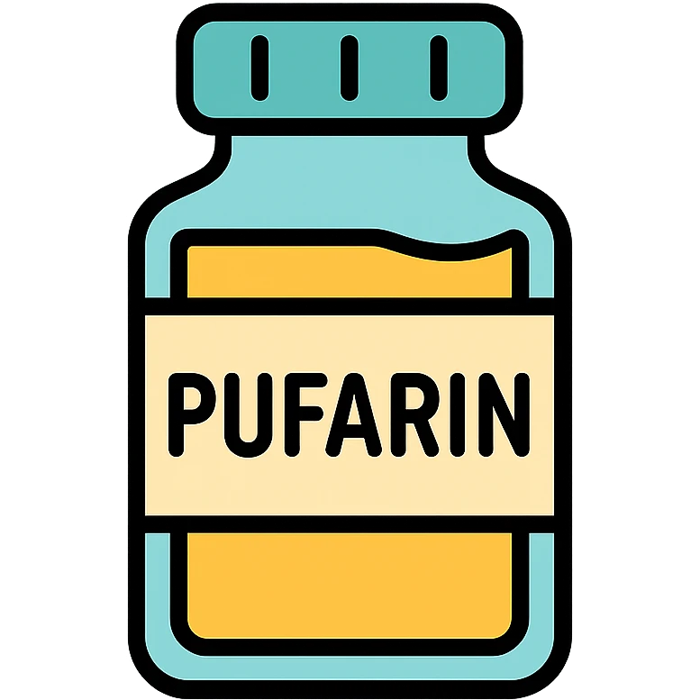 PUfarin represented as a medicine bottle with a clear label, modern icon style emoji