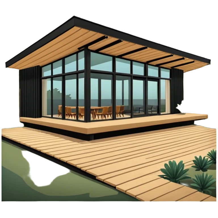midcentury modern house with 1000 sqft and all windows and a sliding windows on corner. Single story. High ceilings, black and vertical wood slats for outside walls of home. Wood deck with complementary but different wood and shade from larger wood slats. With overhanging shade and slats. emoji
