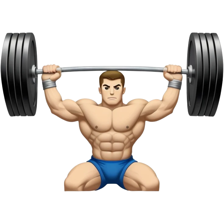 Powerlifting emblem featuring a stylized barbell with heavy weights on each side, flanked by muscular arms gripping the bar. The design is bold and dynamic, symbolizing strength and determination. The background is minimal, focusing on the emblem itself, with a sleek and professional look.  emoji