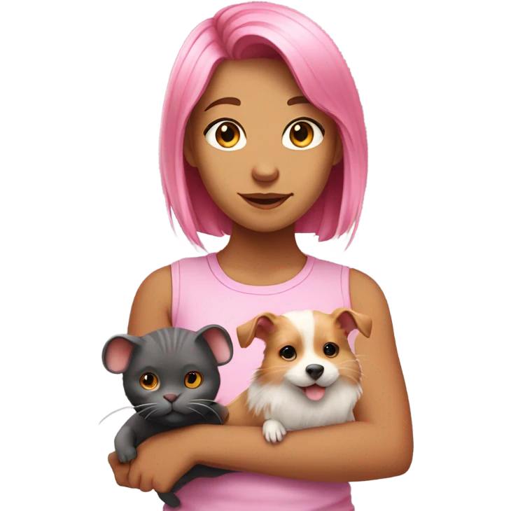Animal lover girl, dog plus cat tan skin pink hair hamster, rats emoji