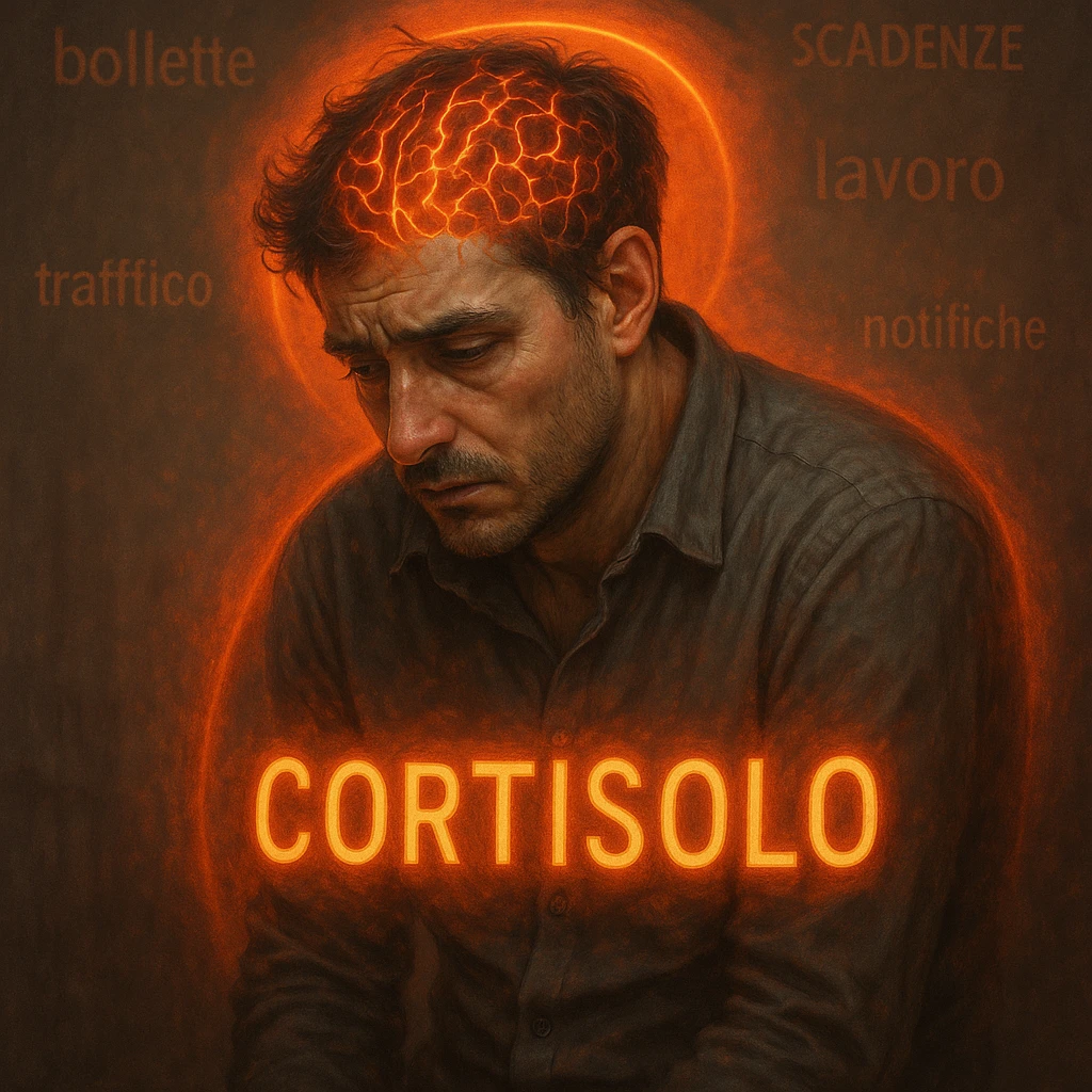 semi-realistic, moody lighting; man around 30 years old, signs of chronic stress (tired eyes, tense, curved), glowing symbols 'Cortisolo' in Italian, orange-red aura; blurred background with Italian words: 'bollette', 'scadenze', 'lavoro', 'traffico', 'notifiche'; visible brain with red-orange neural activity, surreal symbolism emoji