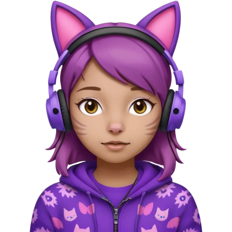 une fille avec des écouteurs de chat rose et des cheveux brun qui est crazy  chandaille mauve  emoji