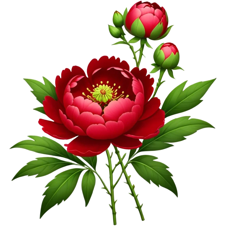 bouquet red Peony, luxuriant, stem, leaf, bud emoji