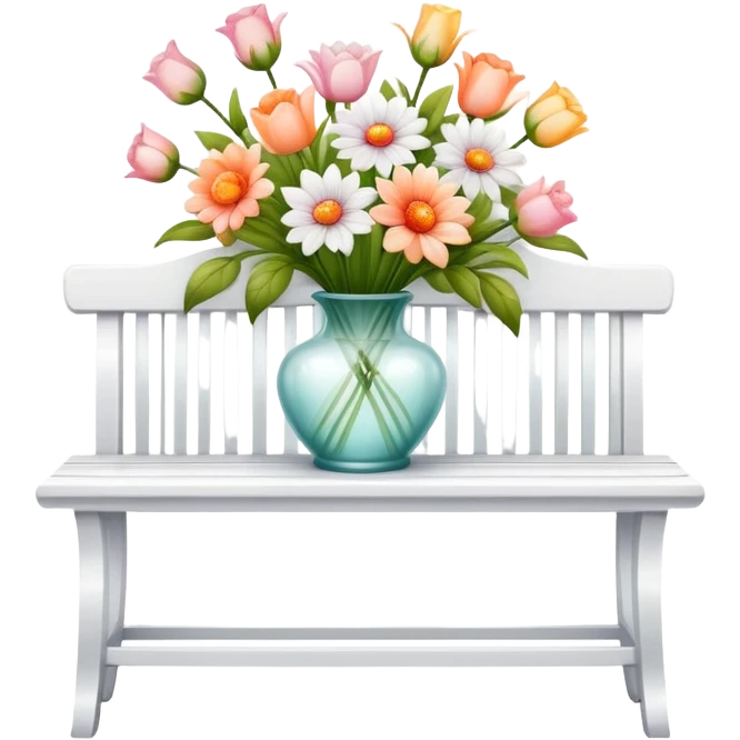 White bench with a romantic lush warm-colored flower vase on top emoji