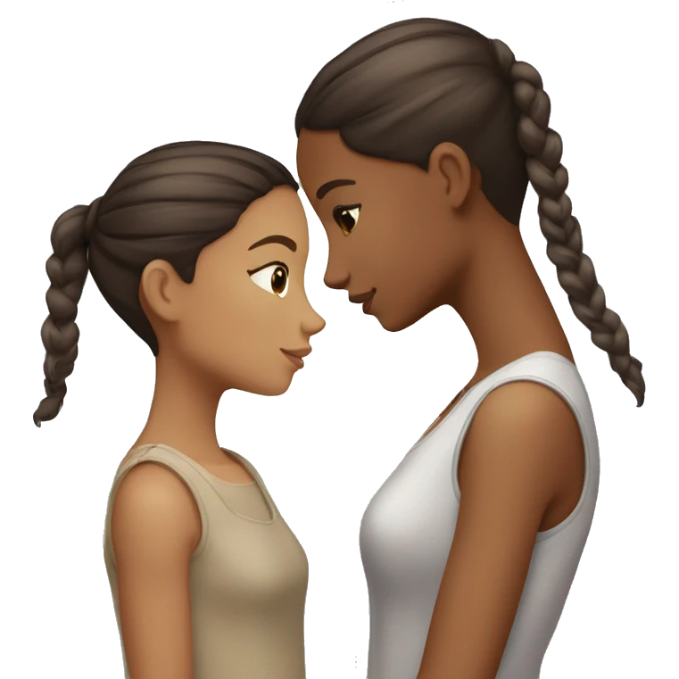 two girls are kissing, one of them has light skin, brown eyes, dark brown hair in a bun, the other has light skin, gray eyes and long brown straight hair emoji