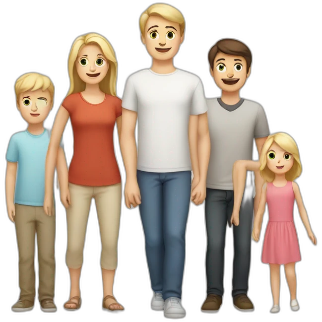 white family with 5 people, 1 blonde adult woman, 1 brunette adult male, 1 brunette male child, 1 brunette female child, 1 blonde male child emoji