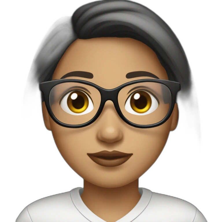 une fille avec de long cheveux noir lisse, la peau blanche ,et avec des lunette (en forme de carrer un peu déformé) assez grosse comparer a ça tête , portant un pull noir emoji