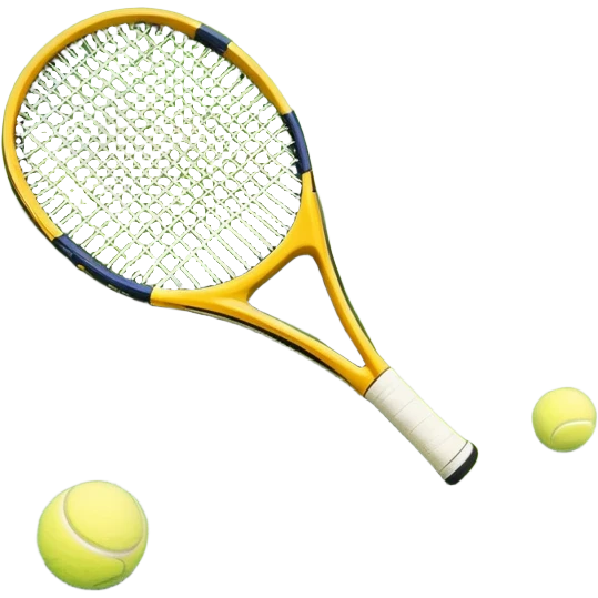 A tennis racket and ball placed on the grass court, with the lines of the court clearly visible in the background. The scene captures the essence of the sport, highlighting the equipment and the vibrant, open atmosphere of a tennis match emoji