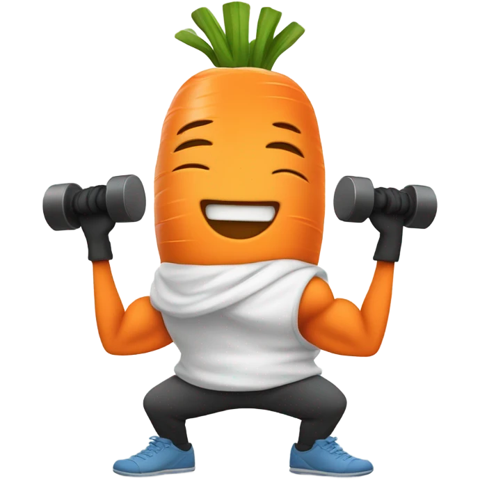 Generate an energetic carrot emoji wearing a sweatband, lifting tiny dumbbells, and looking motivated. emoji
