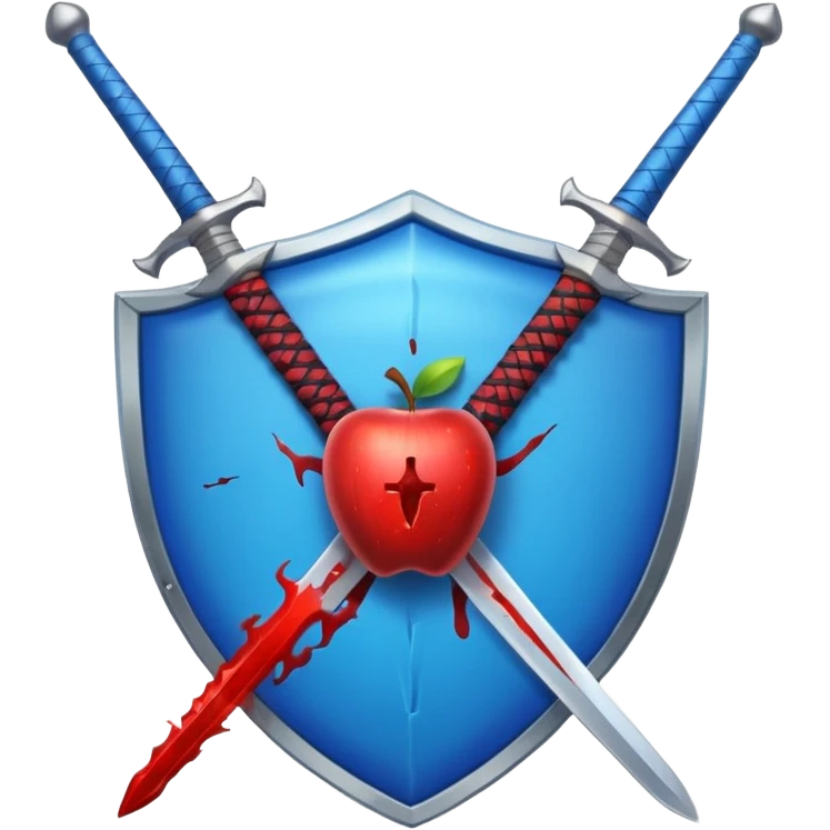 shiny vibrant blue round shield with a vertical sword behind it, blood effect on the sword, apple emoji style emoji