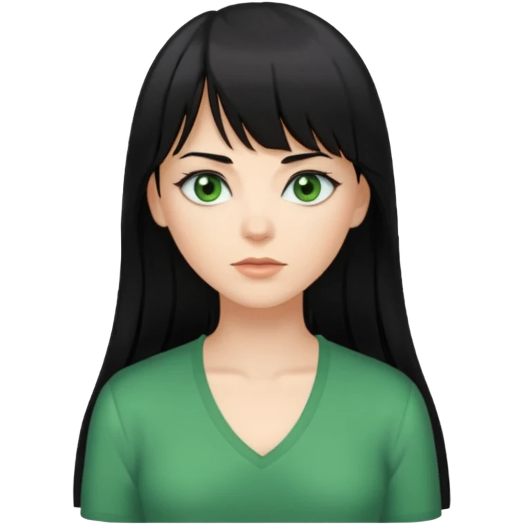 A white woman with Long straight hair with bangs, black hair, green eyes and a low-cut shirt emoji