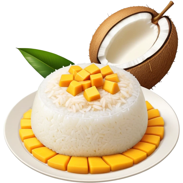 cinematic-realistic-mango-sticky-rice-dessert-emoji,-showcasing-sweet-sticky-rice out of a mould-paired-with-ripe-mango-slices-and-coconut-milk-rendered-with-lifelike-detail-and-warm,-inviting-lighting with the coconut  milk over the rice emoji