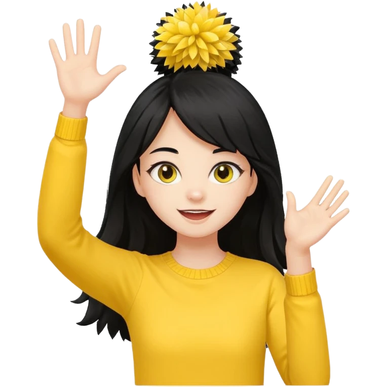 A long black hair teen girl waving pom-poms, eyes sparkling with excitement, yellow top emoji