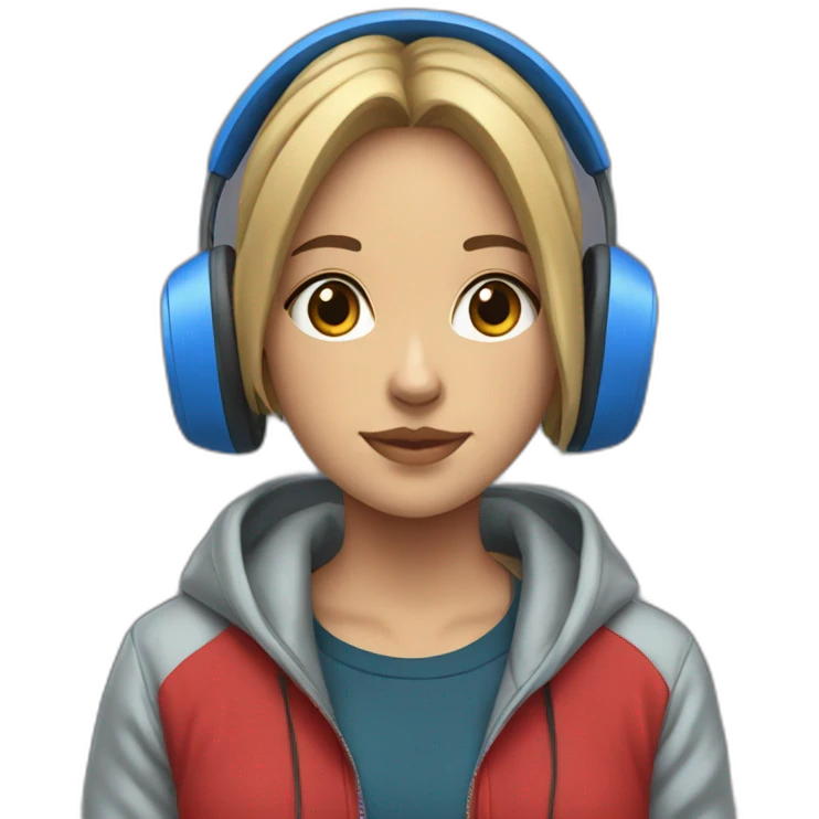 Lo-fi girl studing headphones, blue jacket, red hoodie emoji