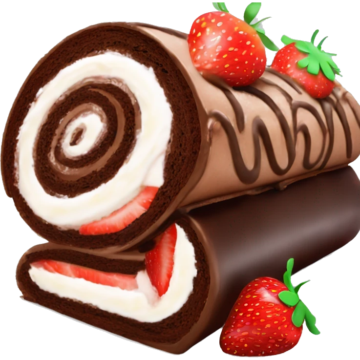 Chocolate Swiss roll birthday cake, with sliced strawberries and pipped cream swirls on top  emoji