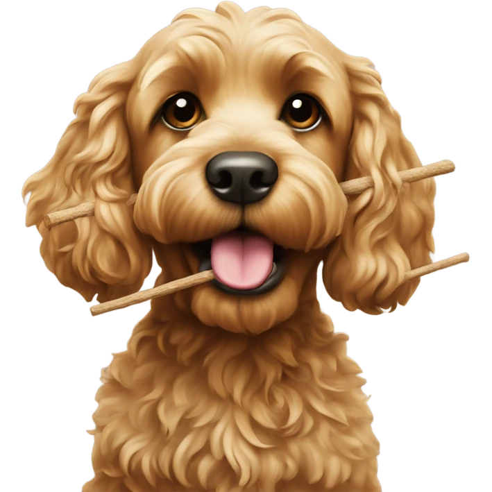 Golden coloured Cockapoo holding a stick in his mouth emoji