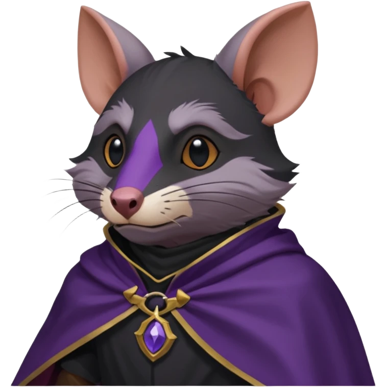 alors ce raton laver doit être équipé d'une cape de thieving noir avec trim bordure mauve comme dans le jeu old school runescape. au centre de la cape une icone de masque de voleur est visible . l'expression du visage du raton est ultra surpris "shock" emoji