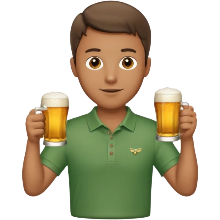 Handsome. Male. Happy. Brown short hair. Wearing golf shirt and shorts. Drinking beer. Cheersing emoji