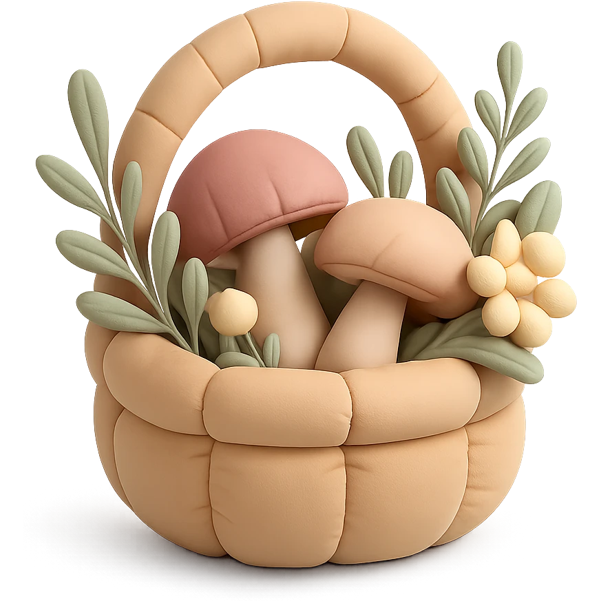 basket full of forest goodies with mushrooms, herbs, flowers in soft pastel colors, cushion style emoji