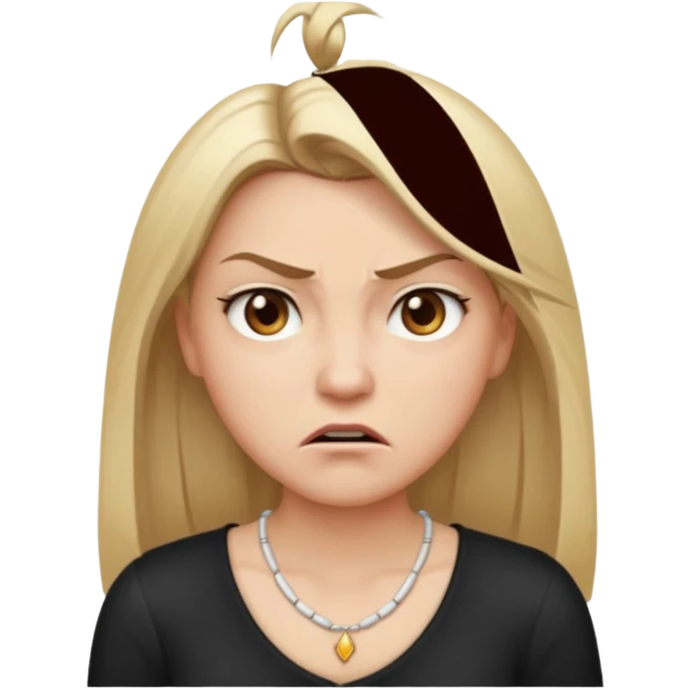 Cartoon emoji of a girl with long, straight blonde hair, fair skin, soft brown eyes. Wearing a white top with a delicate necklace, angry facial expression, furrowed brows, slightly pursed lips. Smooth, simple, stylized. emoji