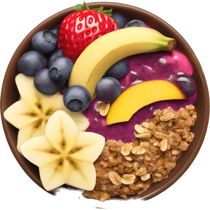 Açai bowl with granola sliced banana strawberry mango on top emoji