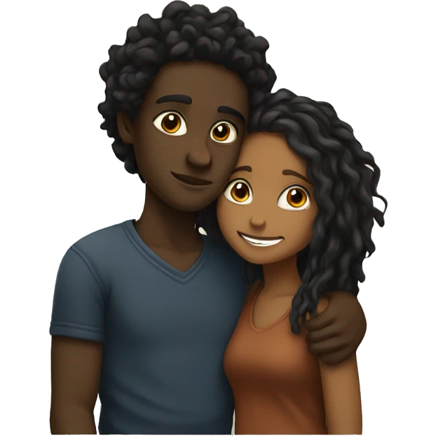 Brown girl with wavy hair hugging black boy who has dreads  emoji