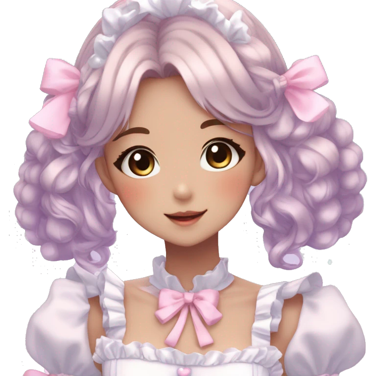 Gorgeous anime style lady blushing face maid outfit Lolita idol model colorful shiny sparkle kawaii pastelcore cottagecore pearly petite simplistic aesthetic trending style emoji