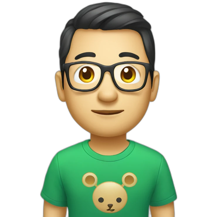 Chinese web developer, with glasses and a Vue.js logo T-shirt emoji