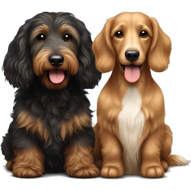 Brown golden doodle and black and tan and cream longhair dachshund sitting together  emoji