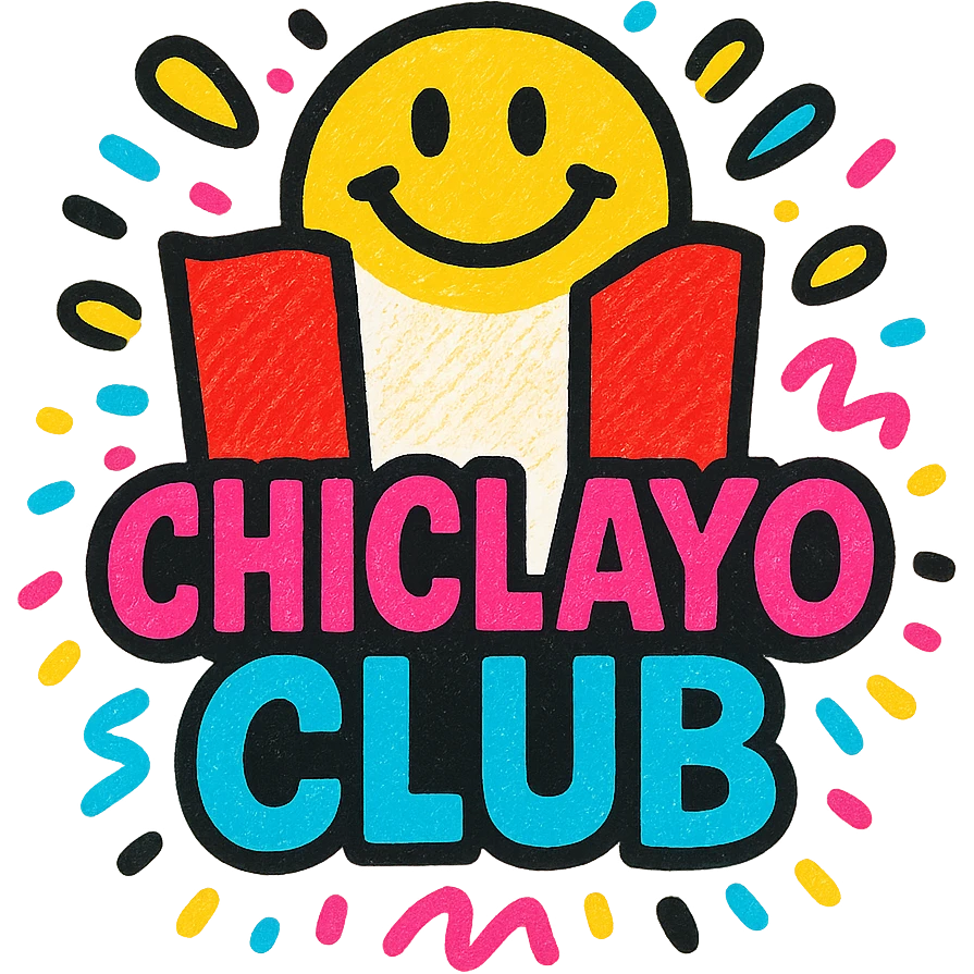 cheerful colorful logo for 'Chiclayo Club' with Peruvian flag colors and confetti party motifs, radiating happiness and community, lively modern style text 'Chiclayo Club' emoji