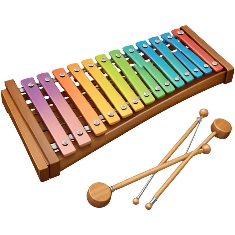 Create a vibrant and detailed emoji representing a Fleet FLT-SX37 xylophone. The design should feature the sleek wooden keys of the xylophone, arranged neatly on the frame, with metal bars clearly visible. Add the mallets placed beside the instrument or in motion, highlighting their soft rubber heads. Use warm, natural wood tones for the keys, with subtle metallic accents to reflect the professional quality of the instrument. Add small musical notes or soundwaves around the xylophone to evoke its bright, percussive sound. The background should be transparent. emoji