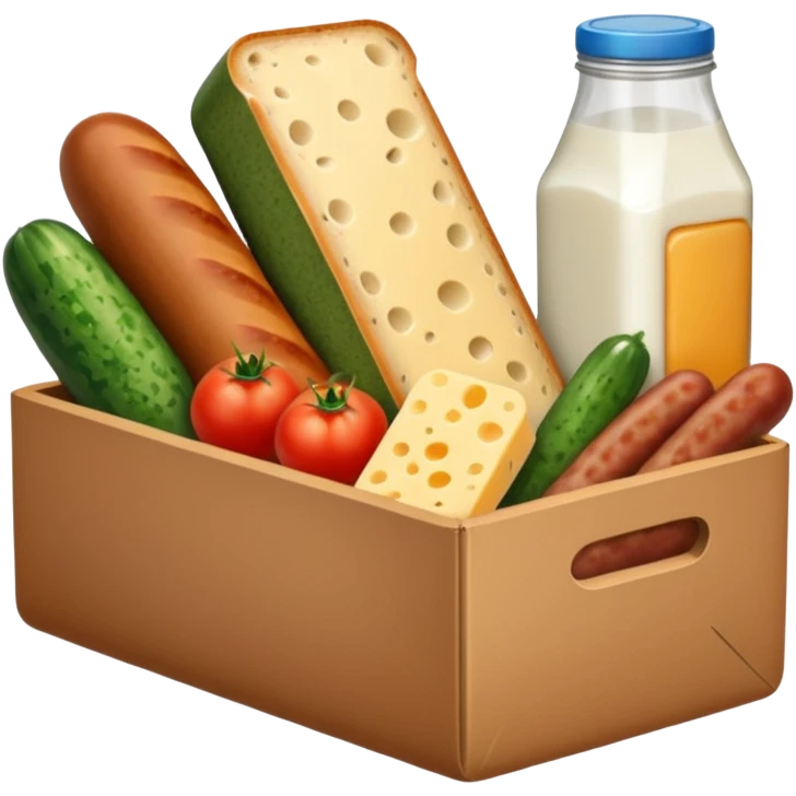 a box of groceries, sausage, cheese, canned meat, herbs, milk, tomatoes, cucumbers, and a loaf of bread emoji