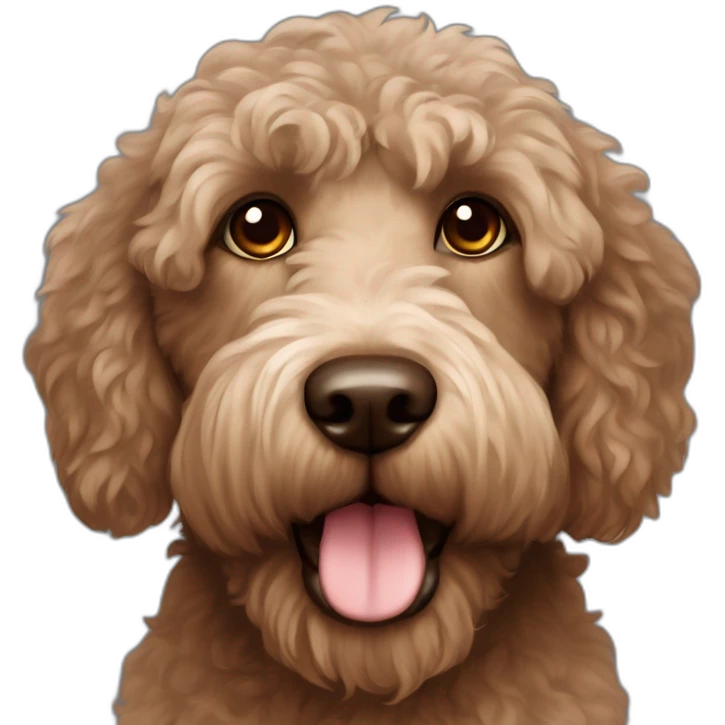 Phantom / Brown colored labradoodle medium sized dog, with brown eyes and a fluffy tail emoji