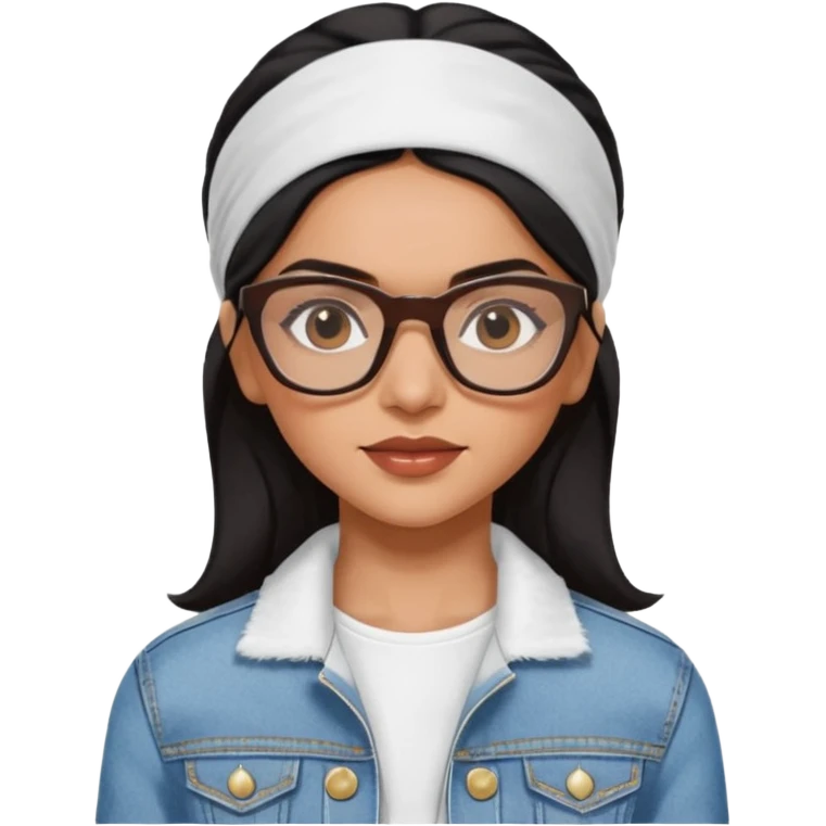 generate a pretty bratz emoji 
Make her wear a white dress with a denim jacket over it. black hair side part with a white headband

She should look exactly  like Deepika padukone. wearing rectangular spectacle emoji