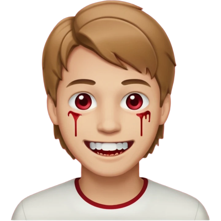 парень с русыми волосами средней длины; белая кожа; белые глаза; открытая улыбка, где на зубах кровь;  emoji