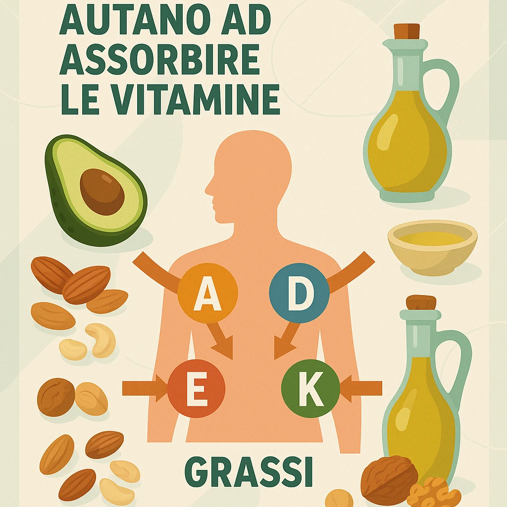educational infographic with stylized human body, healthy fat sources avocado, oil, nuts and symbols of vitamins A, D, E, K entering body thanks to fats, Italian caption 'I grassi aiutano ad assorbire le vitamine', modern background emoji