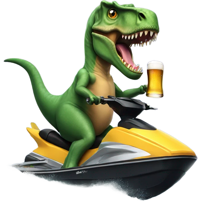 T. rex riding jetski while drinking beer emoji