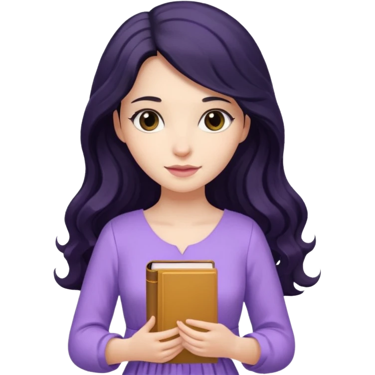 Long Hair Women with purple Book, Black wavy hair, light dress emoji