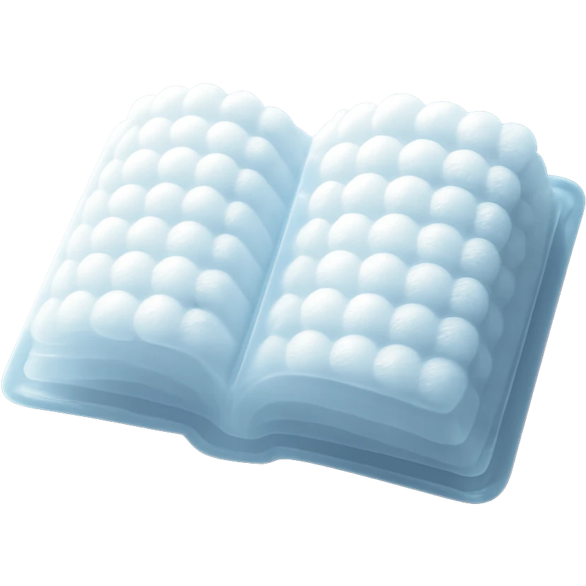 top view of a thick open book made entirely of small, very bright white fluffy convex clouds, matte glass style, no background emoji