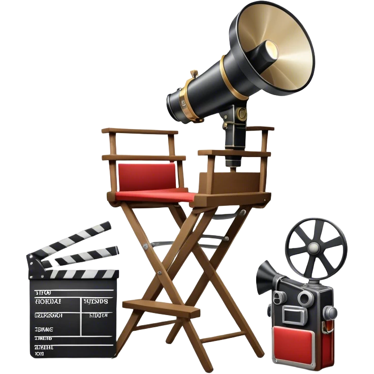 Icon for Directing: a director's chair, a film clapperboard, large movie camera, vintage megaphone and a stage with a spotlight. The icon should represent the creative and organizational aspects of directing, with focus on storytelling, staging, and performance. Transparent background. emoji