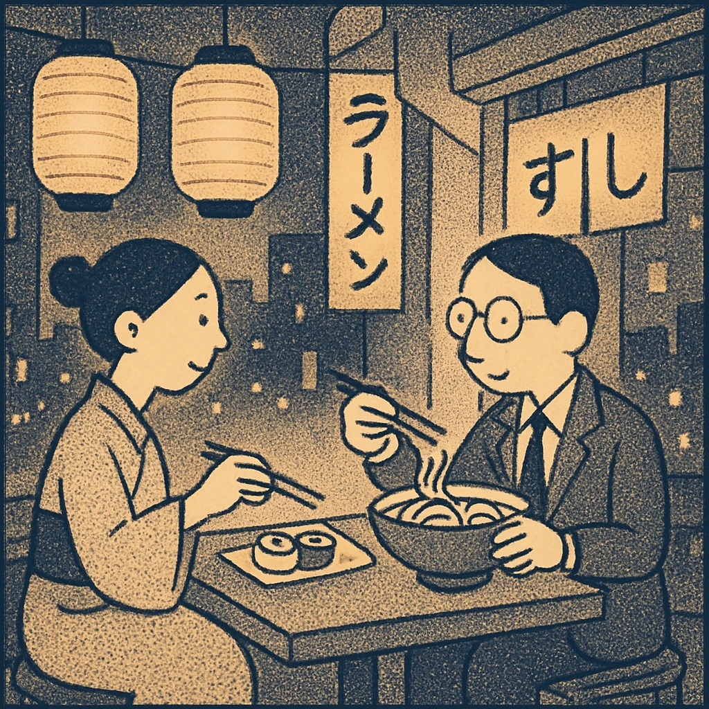 A couple sitting across from each other at a small table in a cozy Japanese street cafe, surrounded by warm lantern light, sharing sushi and ramen, with the bustling night street visible in the background emoji