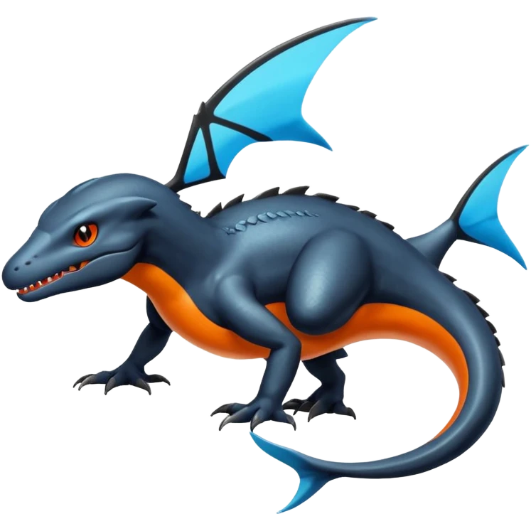 Shiny Black Koraidon-Latios-Salandit-Fakémon-hybrid-creature (full body) with orange belly emoji