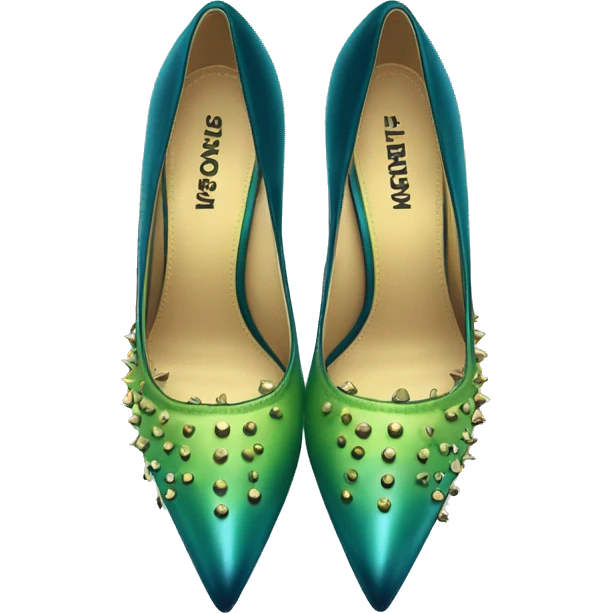 Hyper-realistic top view of a pair of lime green to dark teal blue ombre gold studded pointed toe high heel shoes. emoji