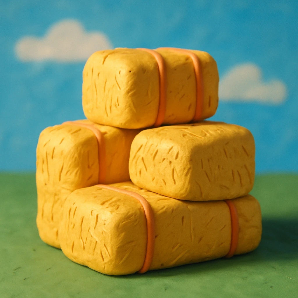stacked hay bales with a blue sky background, playful and colorful, claymation style emoji