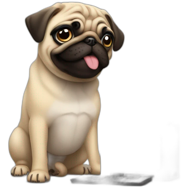 perro pug en una computadora editando videos emoji