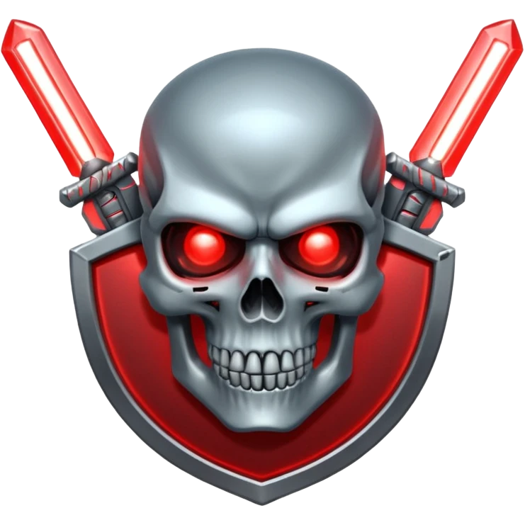 Sci-fi shield badge, terminator style skull, glowing red eyes, crossed futuristic light sable and energy sword, no background emoji