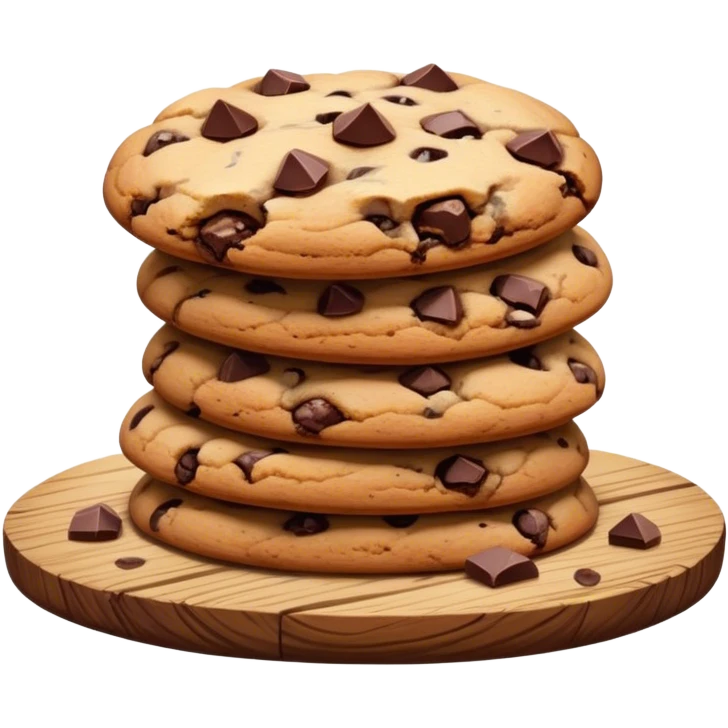 Cinematic crunchy chocolate chip cookies, freshly baked, golden-brown with gooey melted chocolate chunks, stacked on a rustic wooden plate, soft warm lighting, cozy and delicious. emoji