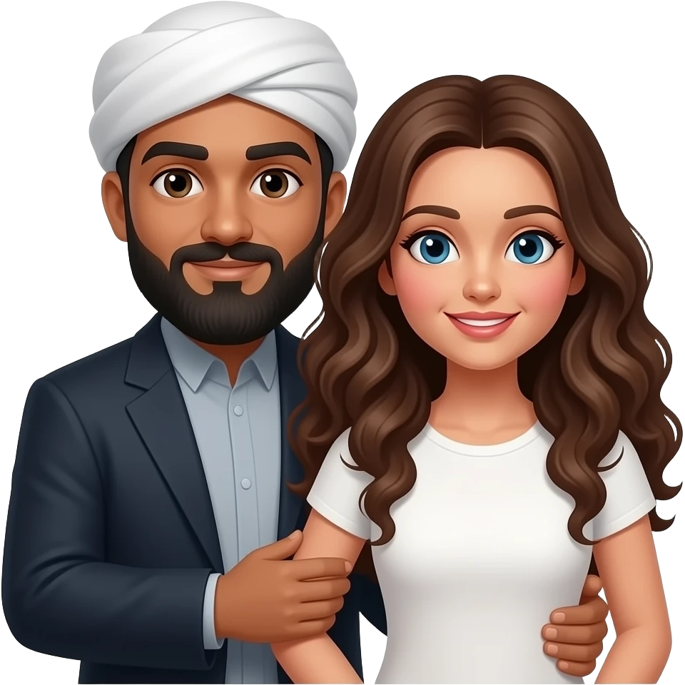 Black bald bearded Muslimjj man holding white long curly brown haired female  Man is bald with no hat nor headdress emoji