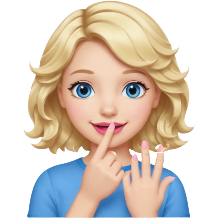 Girl Blonde short wavy hair,  blue eyes, cute blue top, long lashes, pink lips, smiling, hand over the mouth emoji