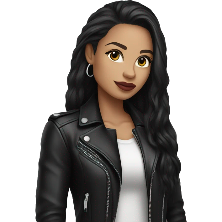 Light skin Glamour brunette in leather jacket long black hair and silver hoop earrings emoji